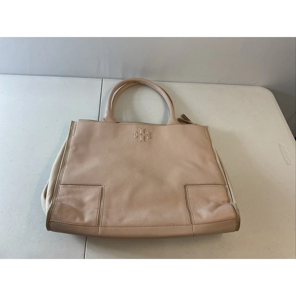 Tory Burch Ella Light Pink Pebbled Leather and Canvas Large Tote Bag